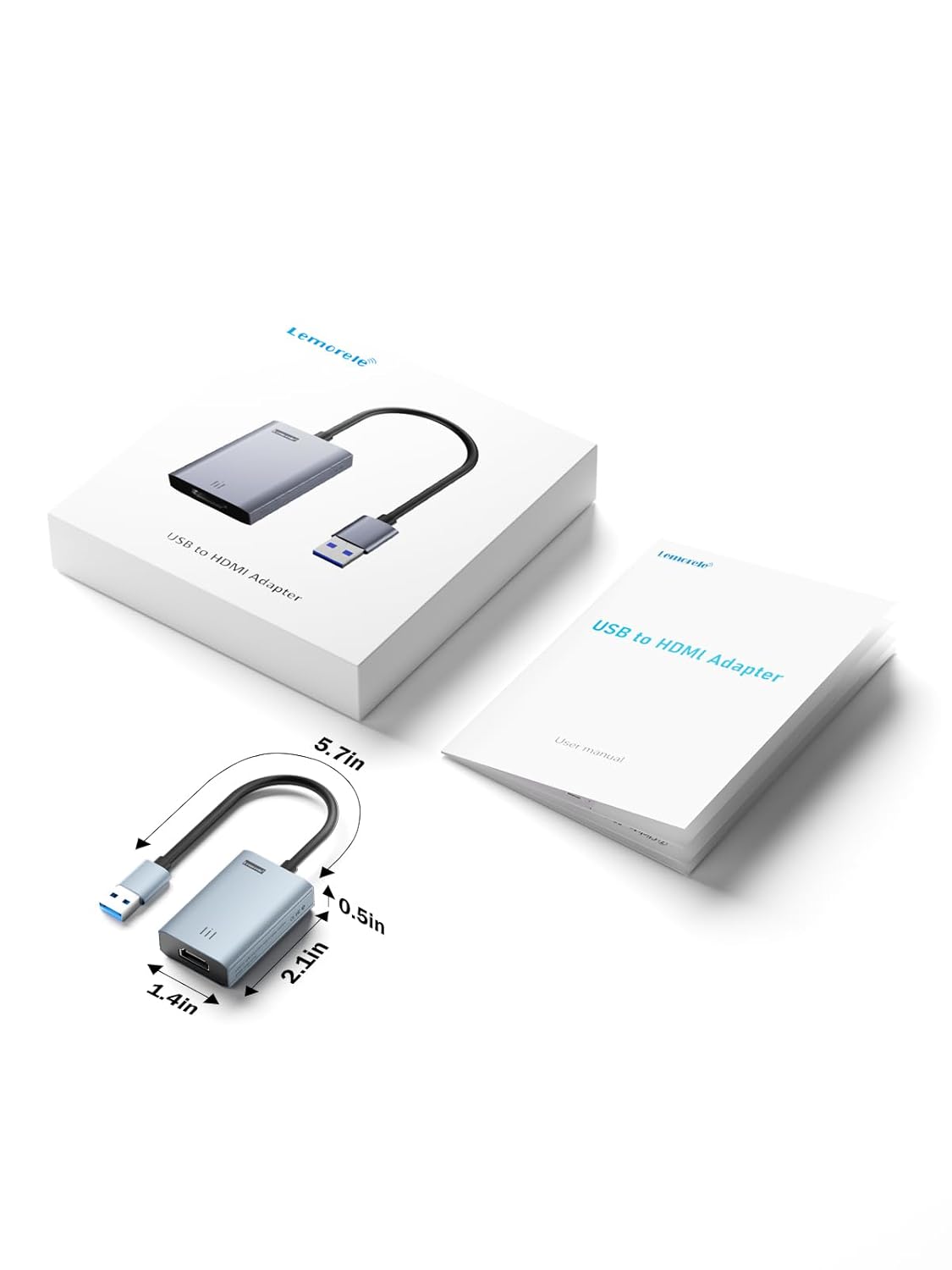 USB to HDMI adapter with packaging on a white background