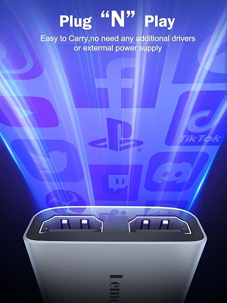 USB hub with glowing blue light on a dark background with social media platform logos.