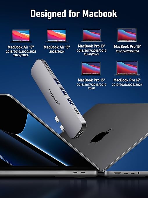 USB-C adapter with compatibility icons for various MacBook models on a blue background