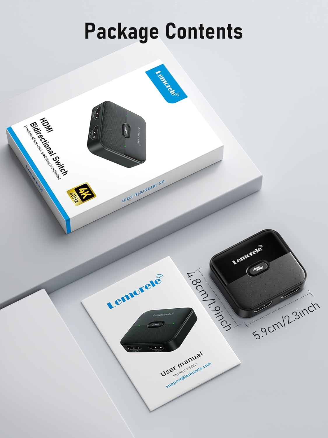 HDMI switch package with switch, user manual, and dimensions displayed on a light gray background.