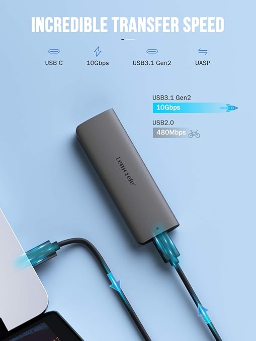 USB adapter with transfer speed specifications on a light blue background