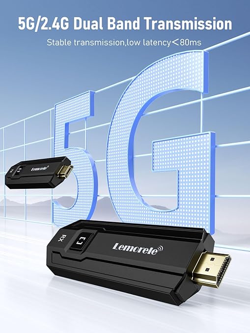 Black HDMI receiver with 'Lemorete' branding in front of a large '5G' symbol on a blue background.