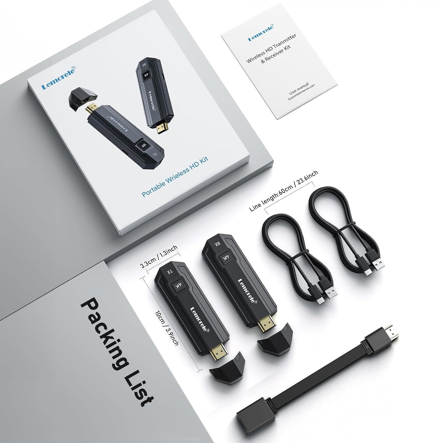 Lemorele wireless HD kit with packaging and accessories on a white background