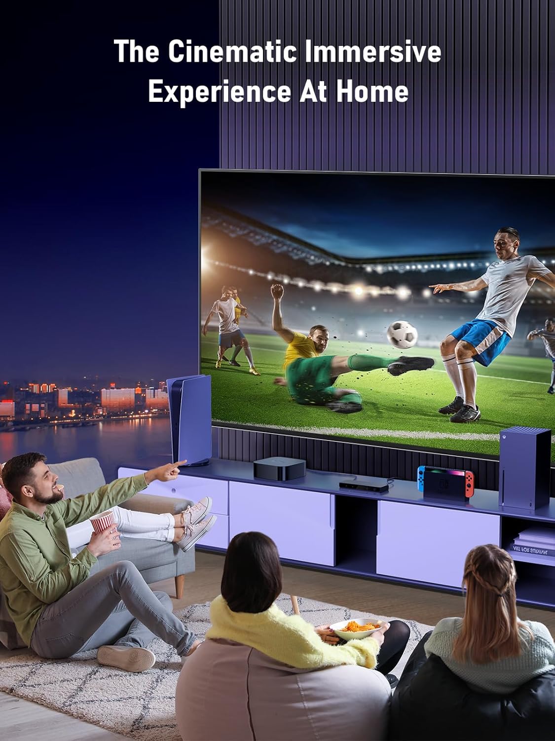 People watching a soccer match on a large TV screen in a living room.