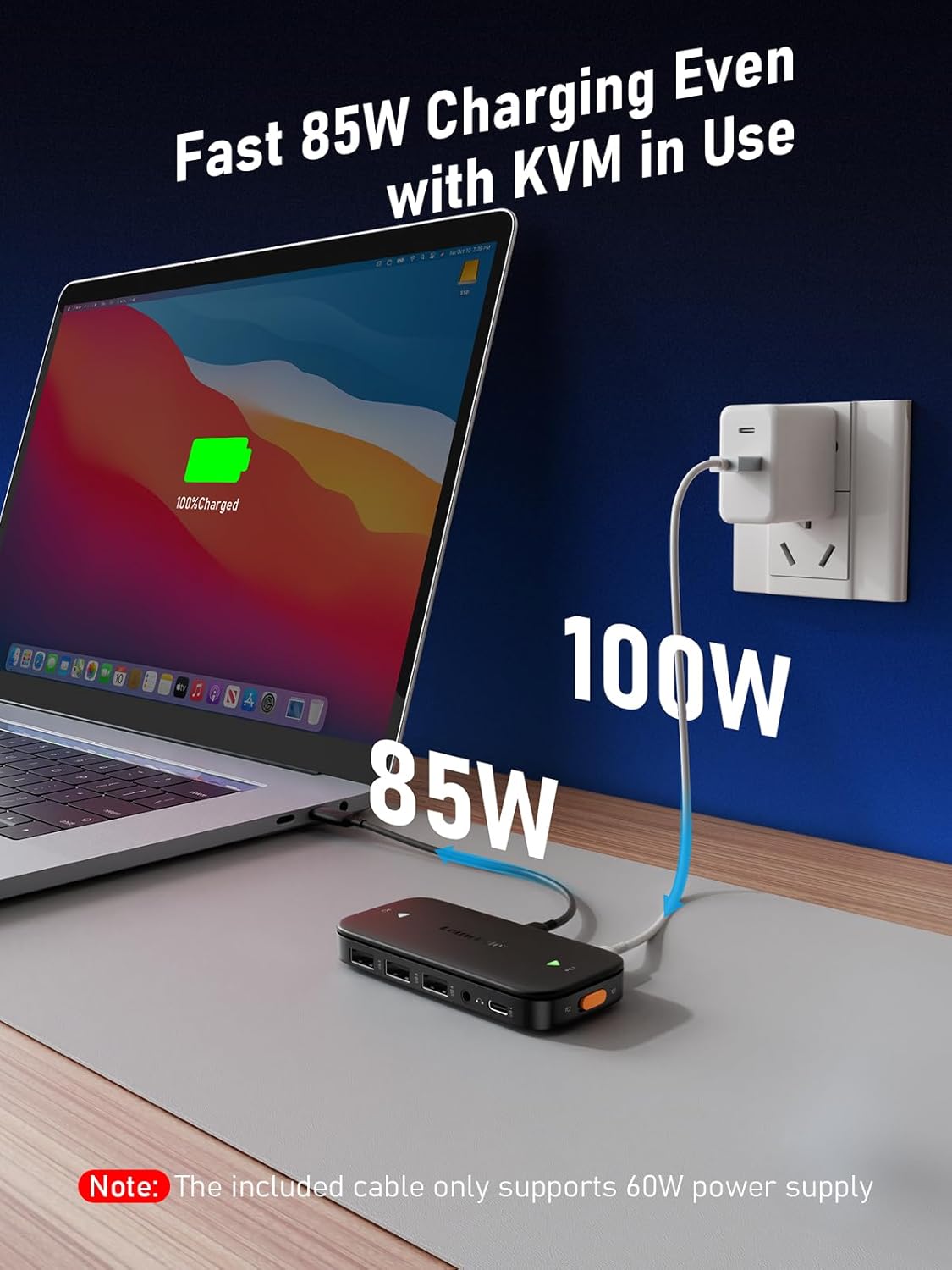 Laptop with a power adapter and cable on a desk, with text indicating fast charging capabilities.