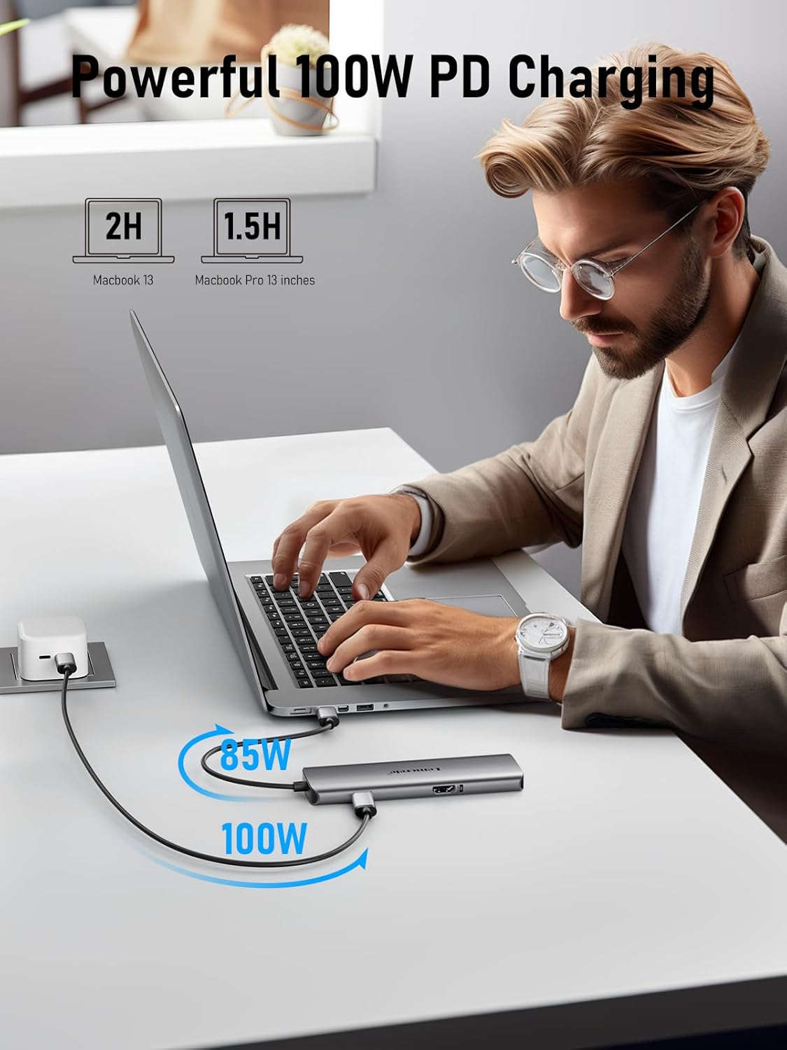 Man using a laptop with a power adapter, emphasizing 100W PD charging.