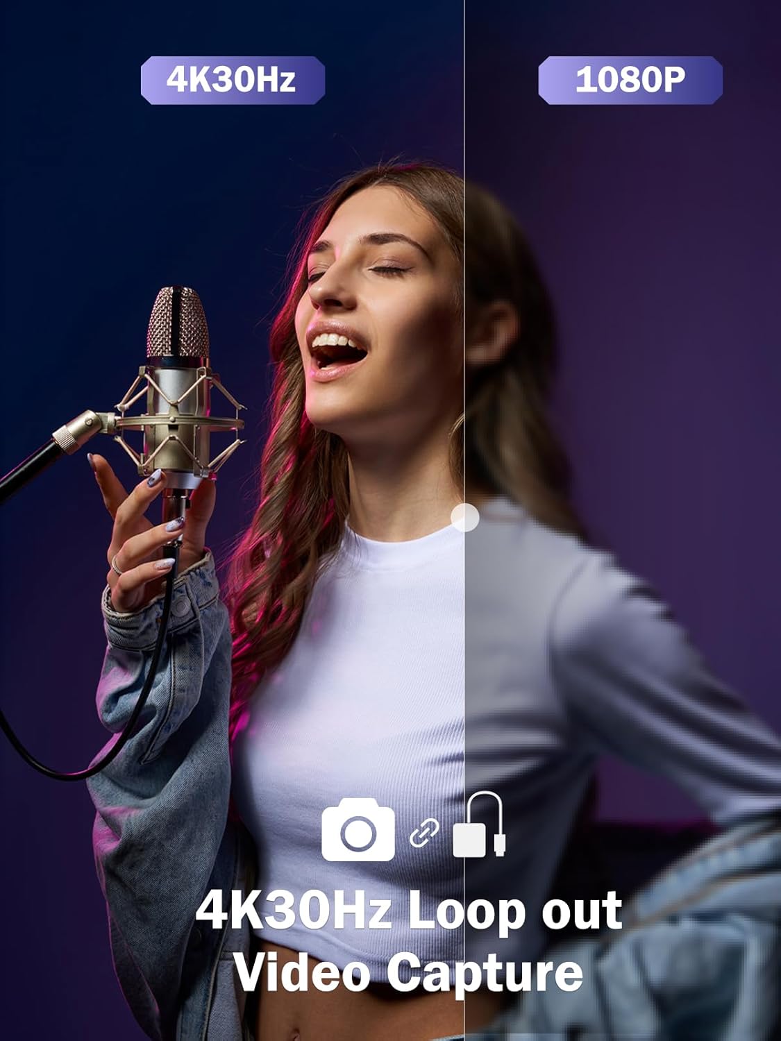 Woman singing into a microphone with 4K30Hz and 1080P text overlay