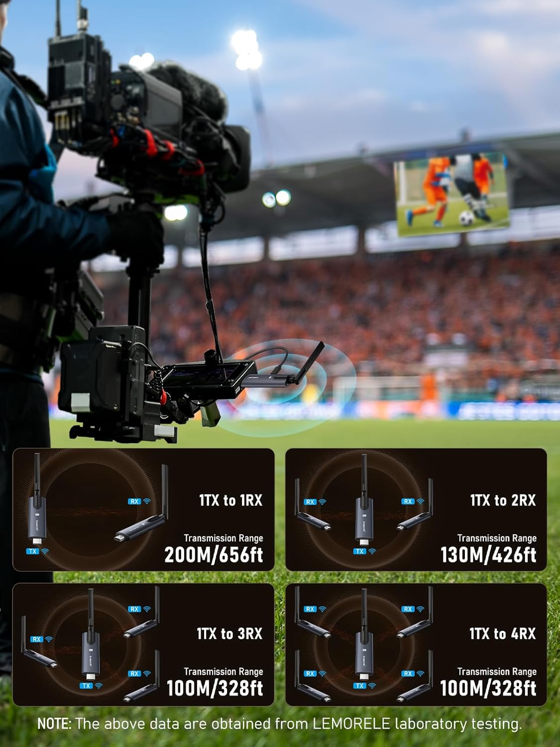 Camera operator with professional equipment at a sports event, showing transmission range data on screen.