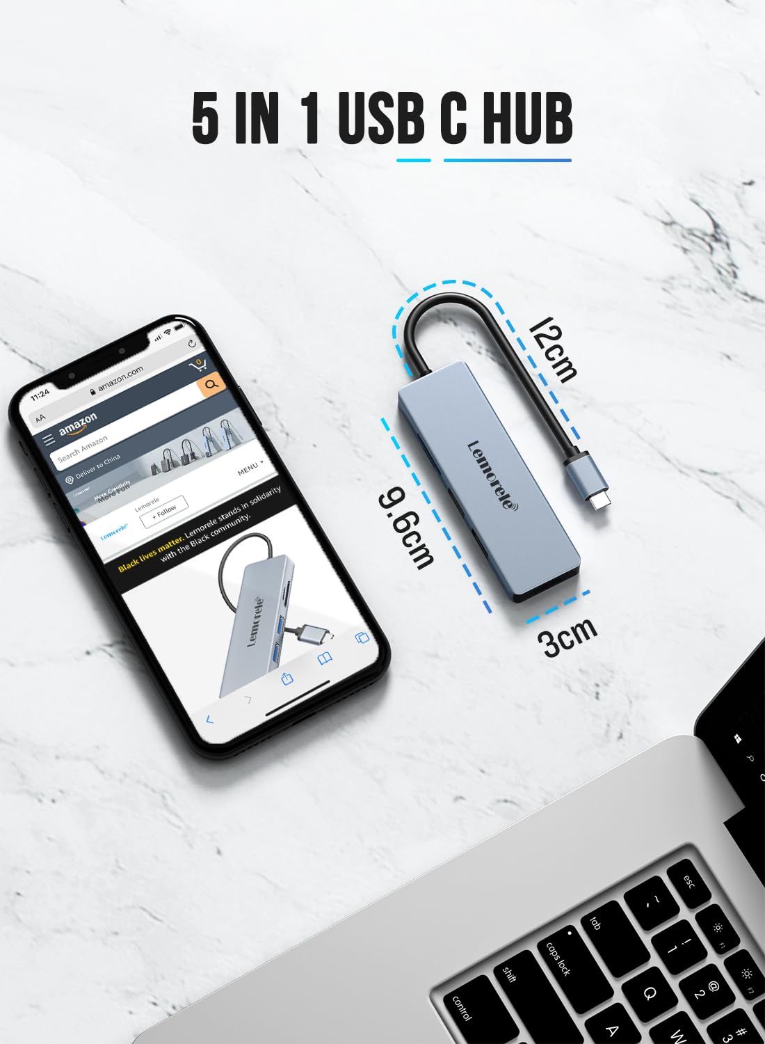 Lemorele USB C Hub 5 in 1 with 4K@30Hz HDMI Port, Space Aluminum Type C Hub Adapter, 2 USB, SD/TF, for MacBook Pro/Air, Windows System (Requires DP Alt Mode Support) - TC18A