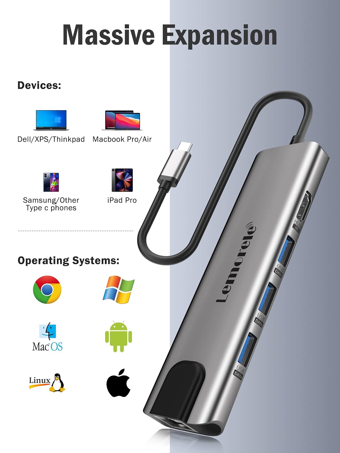 Lemorele USB-C Hub Docking Station, 9-in-1 USB Hub for Laptop with Gigabit Ethernet, 4K HDMI, 3×USB 3.0 and USB-C Data Ports, 100W PD, SD/TF Card Slot, Compatible with Mac/Windows/Chrome OS/Linux