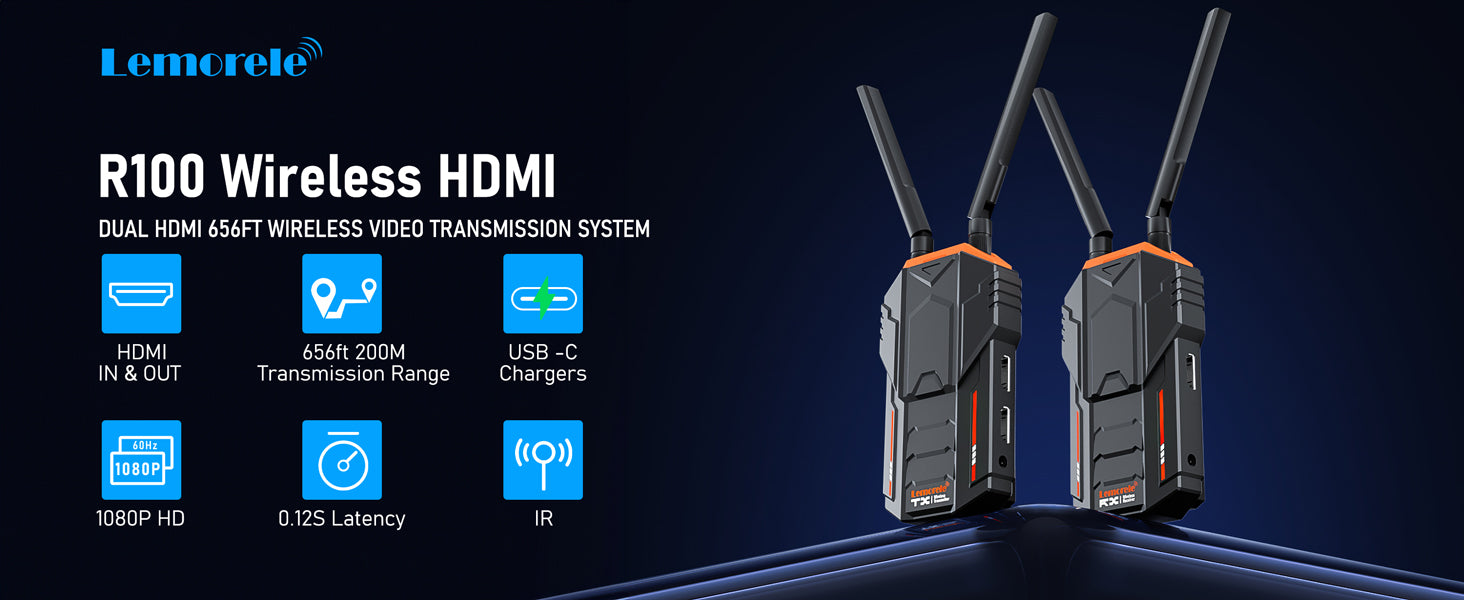 Lemorele Wireless HDMI Video Transmitter and Receiver,Dedicated for Photography,0.06s Latency,IR Backhaul,Local Loop-Out,1080P Full HD,200M Range,HDMI Wireless Transmitter with Up to 4 Receiver