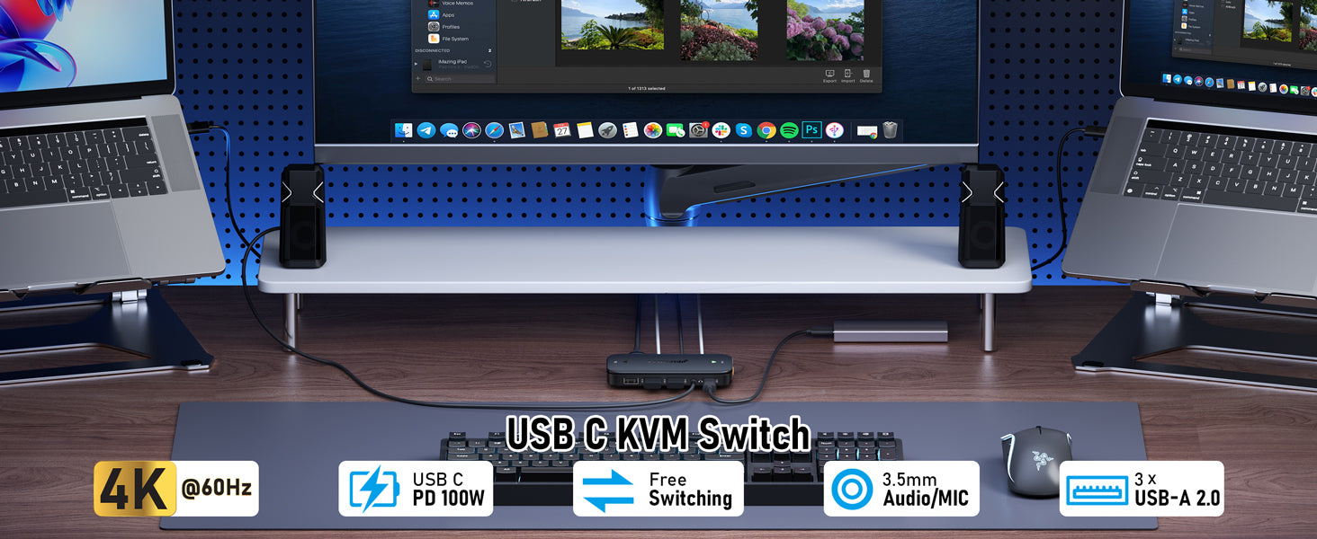 Lemorele Kvm Switcher with USB C Hub Function | 4K60Hz HDMI | 4×USB Data | 2-in-1 Multi-OS Compatible Hub for Laptops, Game Consoles (macOS/Windows/Linux/Android)
