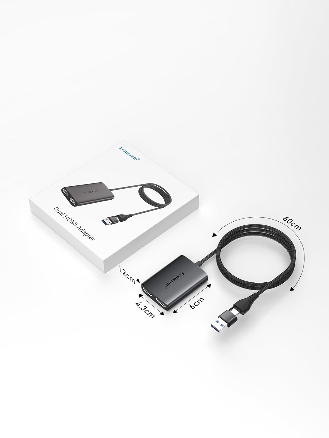 USB cable and adapter with packaging on a white background