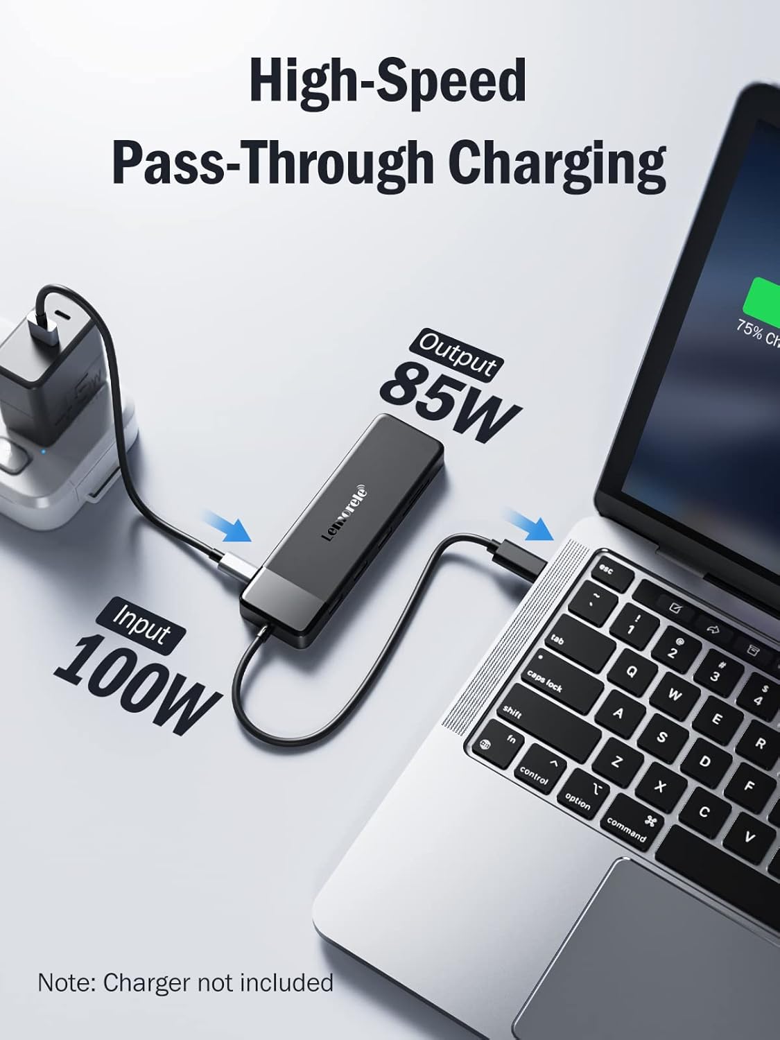 High-speed pass-through charging device with laptop and power adapter on a light gray background