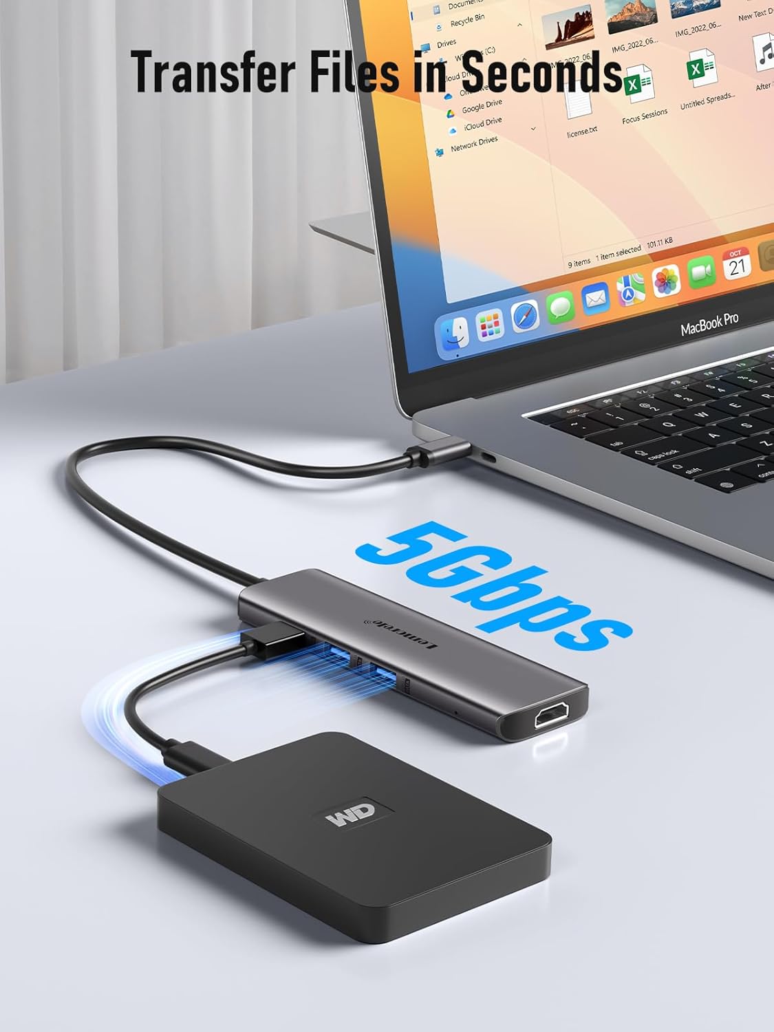 USB drive connected to a laptop with '5Gbps' speed displayed