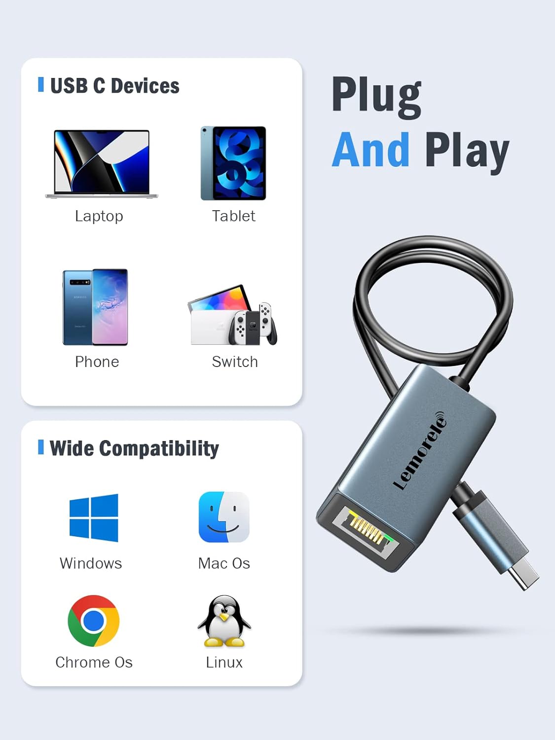 USB C to Ethernet Adapter, Lemorele USB C 3.0 to RJ45 Gigabit Ethernet LAN Adapter Aluminium Network Adapter Compatible with MacBook