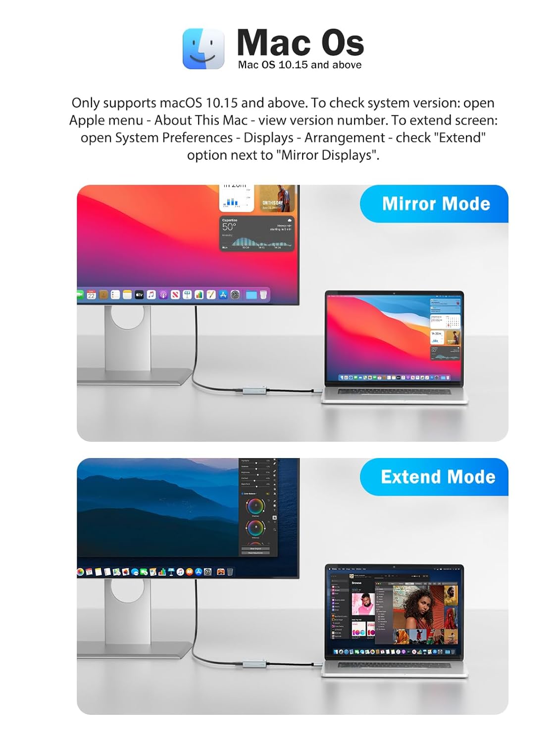 Two computer monitors displaying 'Mirror Mode' and 'Extend Mode' on a Mac Os interface.