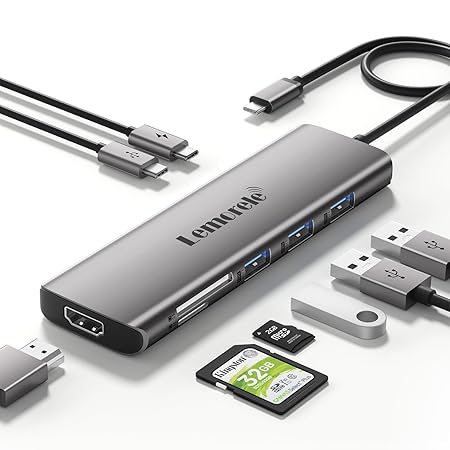 Lemorele 8-in-1 USB Hub for Laptop - 4K UHD HDMI Port, Space Aluminum Type-C Hub, USB 3.0 High-Speed Data Ports, PD 100W Fast Charging, SD/TF Card Slots, Compatible with Mac OS & Windows Systems