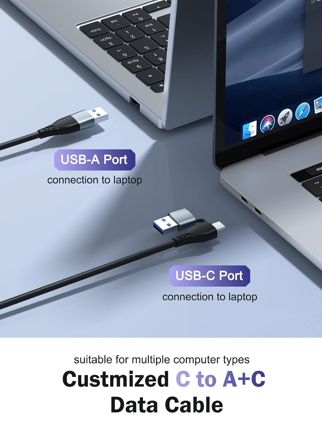 Two laptops with USB-A and USB-C cables on a light blue background