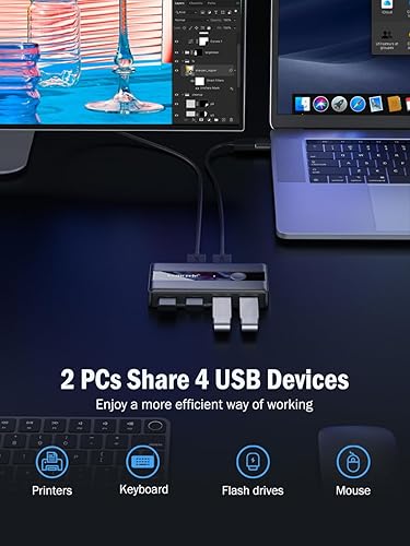 USB hub connecting two computers with text highlighting sharing USB devices between them.