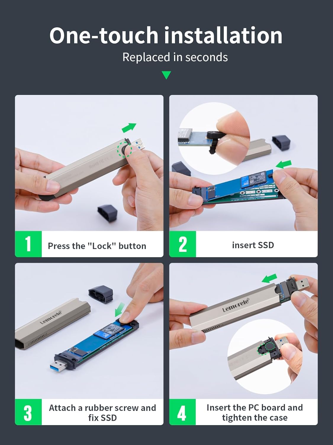 Step-by-step guide for one-touch SSD installation with hands performing each action.