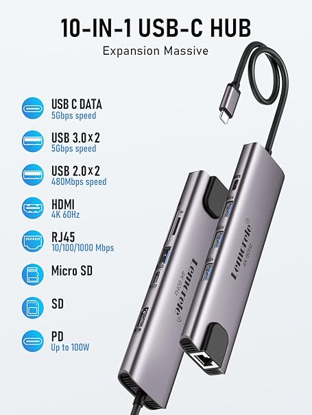 10-in-1 USB-C hub with features listed on a white background