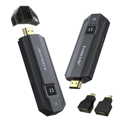 Two HDMI dongles, one labeled 'TX' and the other 'RX', with additional connectors on a white background.