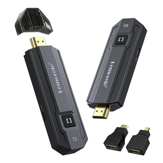Two HDMI dongles, one labeled 'TX' and the other 'RX', with additional connectors on a white background.