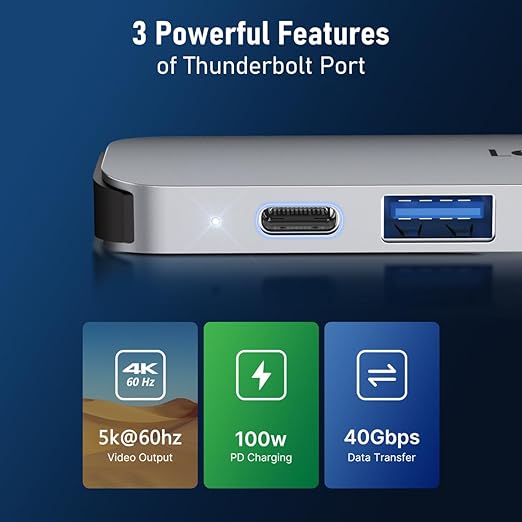 Thunderbolt port with features highlighted on a blue background