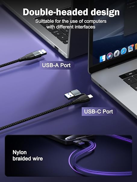 USB cable with double-headed design for USB-A and USB-C ports on a laptop background.