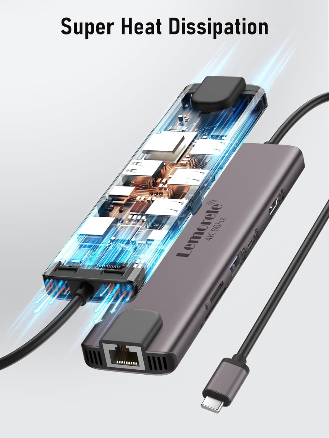 USB hub with heat dissipation design on a gray background