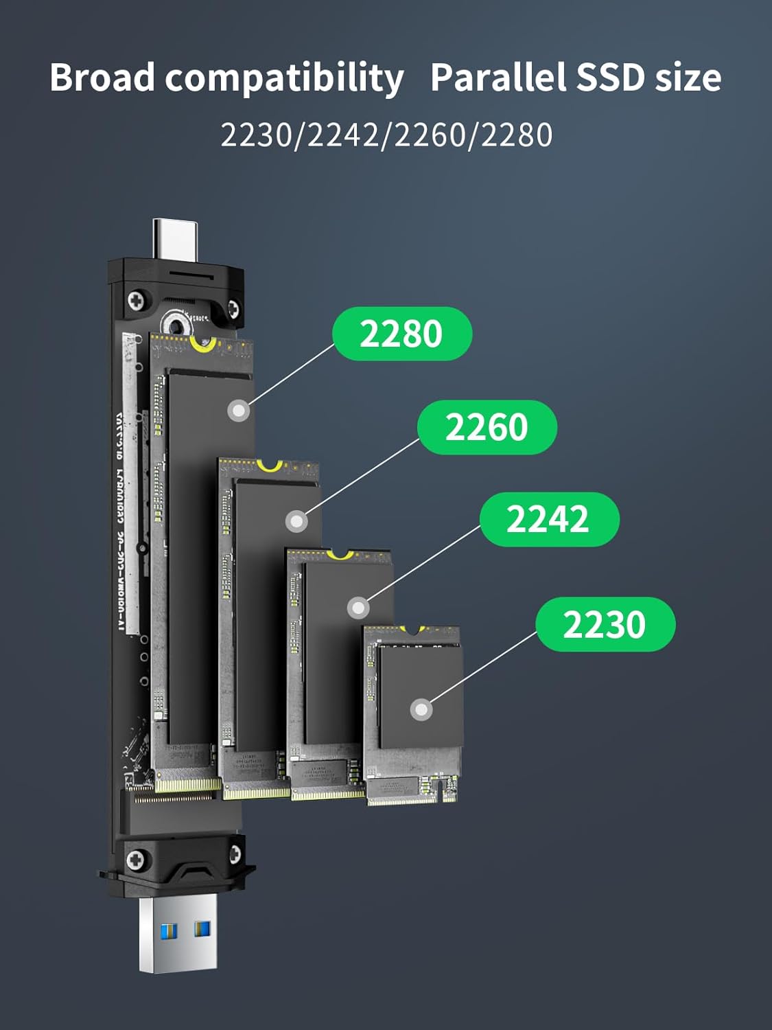 SSD module with compatibility labels for sizes 2230, 2242, 2260, 2280 on a dark background