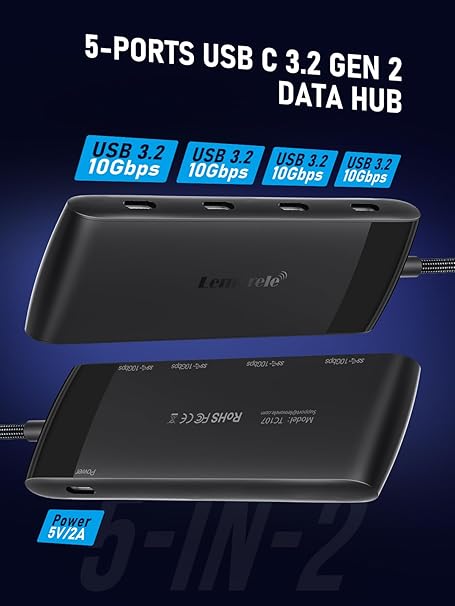 5-ports USB C 3.2 Gen 2 data hub with multiple USB ports on a blue background