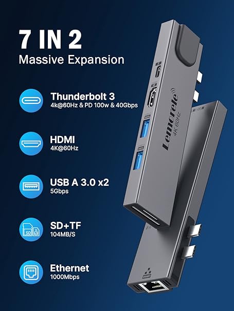 7-in-1 expansion device with multiple ports on a blue background