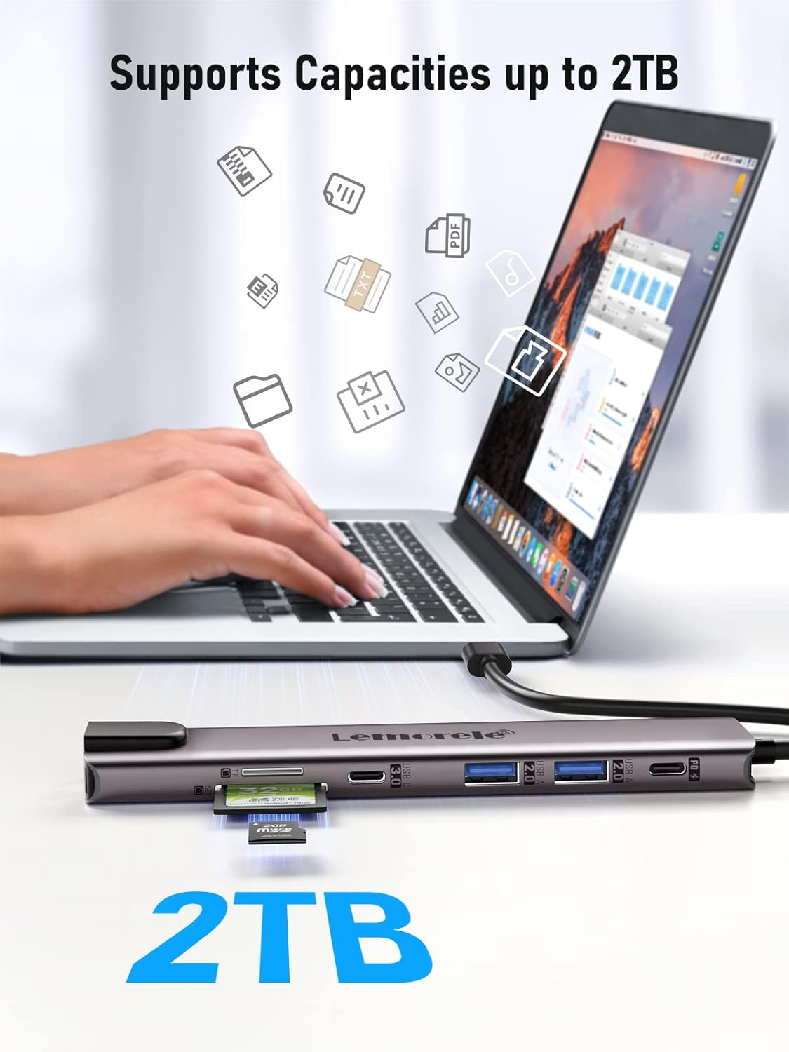 Laptop with a USB hub connected, displaying file icons and '2TB' text.
