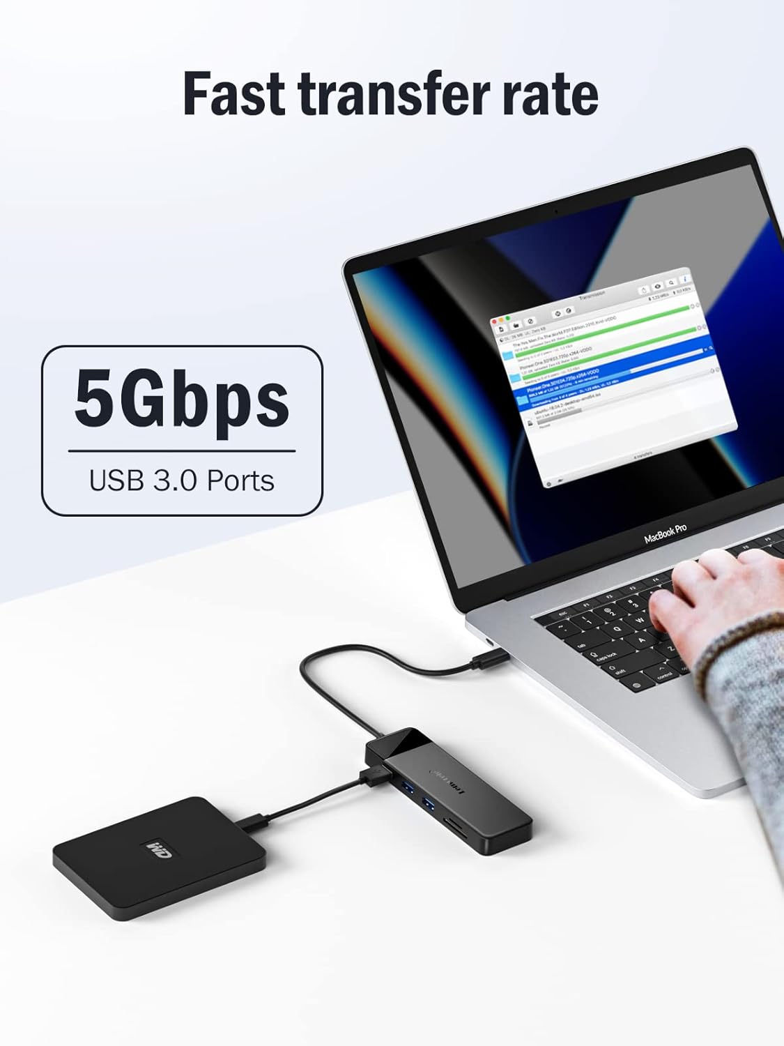 Laptop with USB 3.0 adapter and fast transfer rate text on a white background