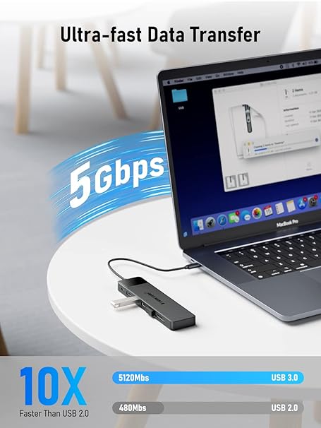 USB adapter connected to a laptop with text indicating ultra-fast data transfer speeds.