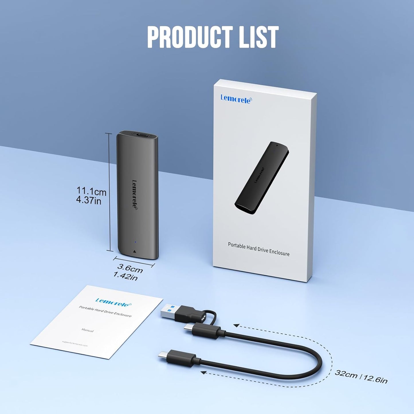 Product list with portable hard drive enclosure, packaging, and cables on a light blue background
