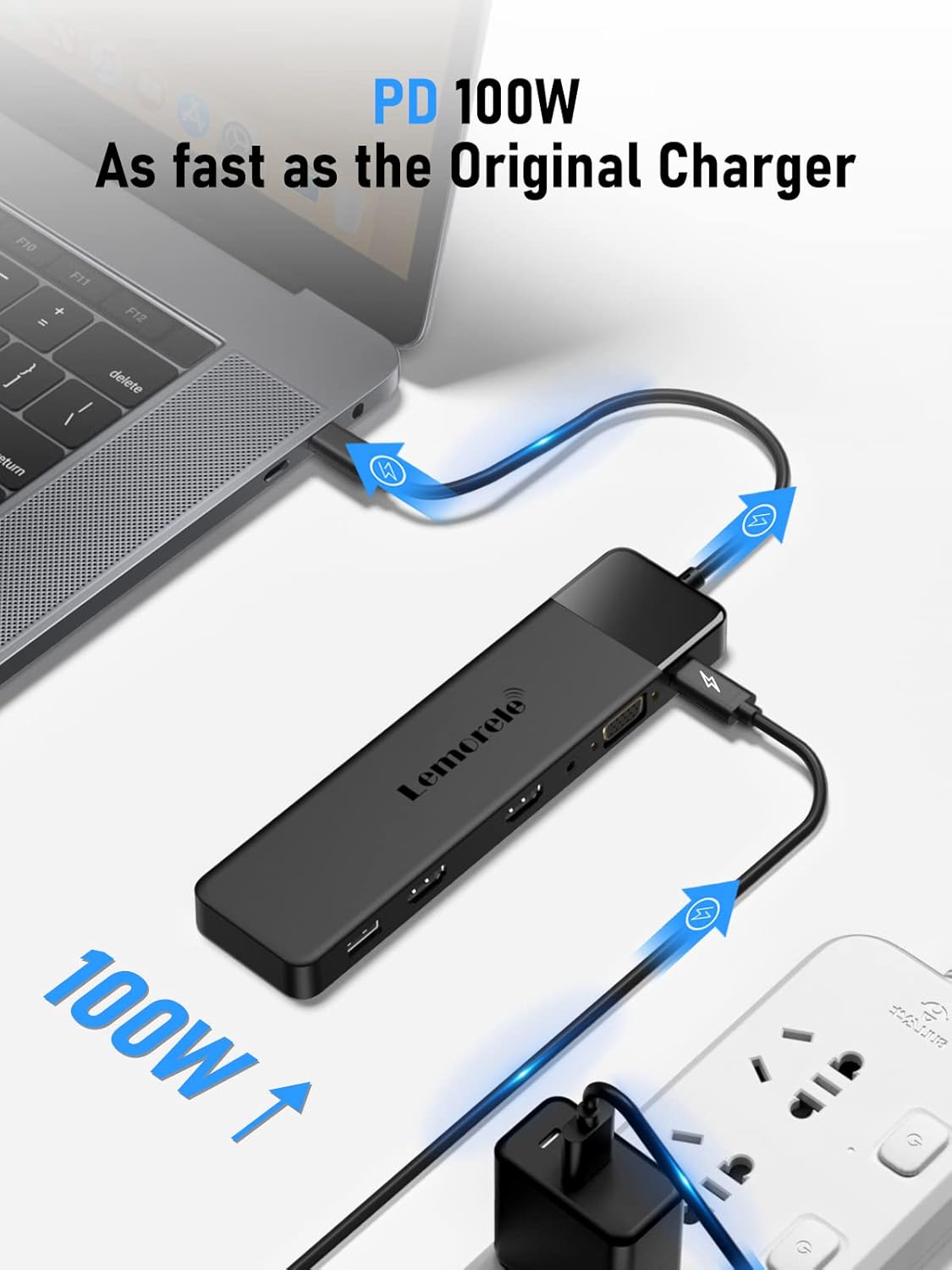 Lemontek USB-C hub connected to a laptop with power adapter, showing 100W charging capability.