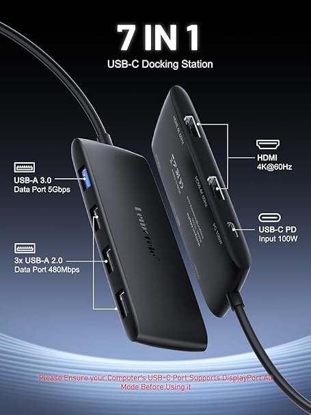 7-in-1 USB-C docking station with multiple ports on a dark background