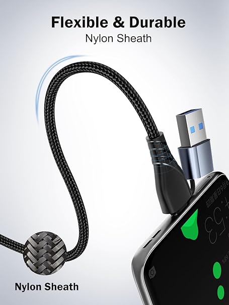 Smartphone with a USB cable featuring a flexible and durable nylon sheath on a light gray background.