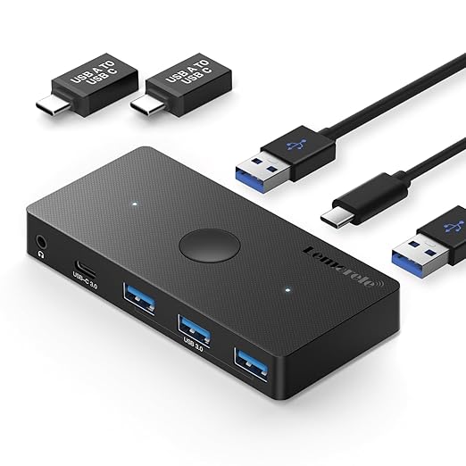 Black USB hub with multiple connectors on a white background