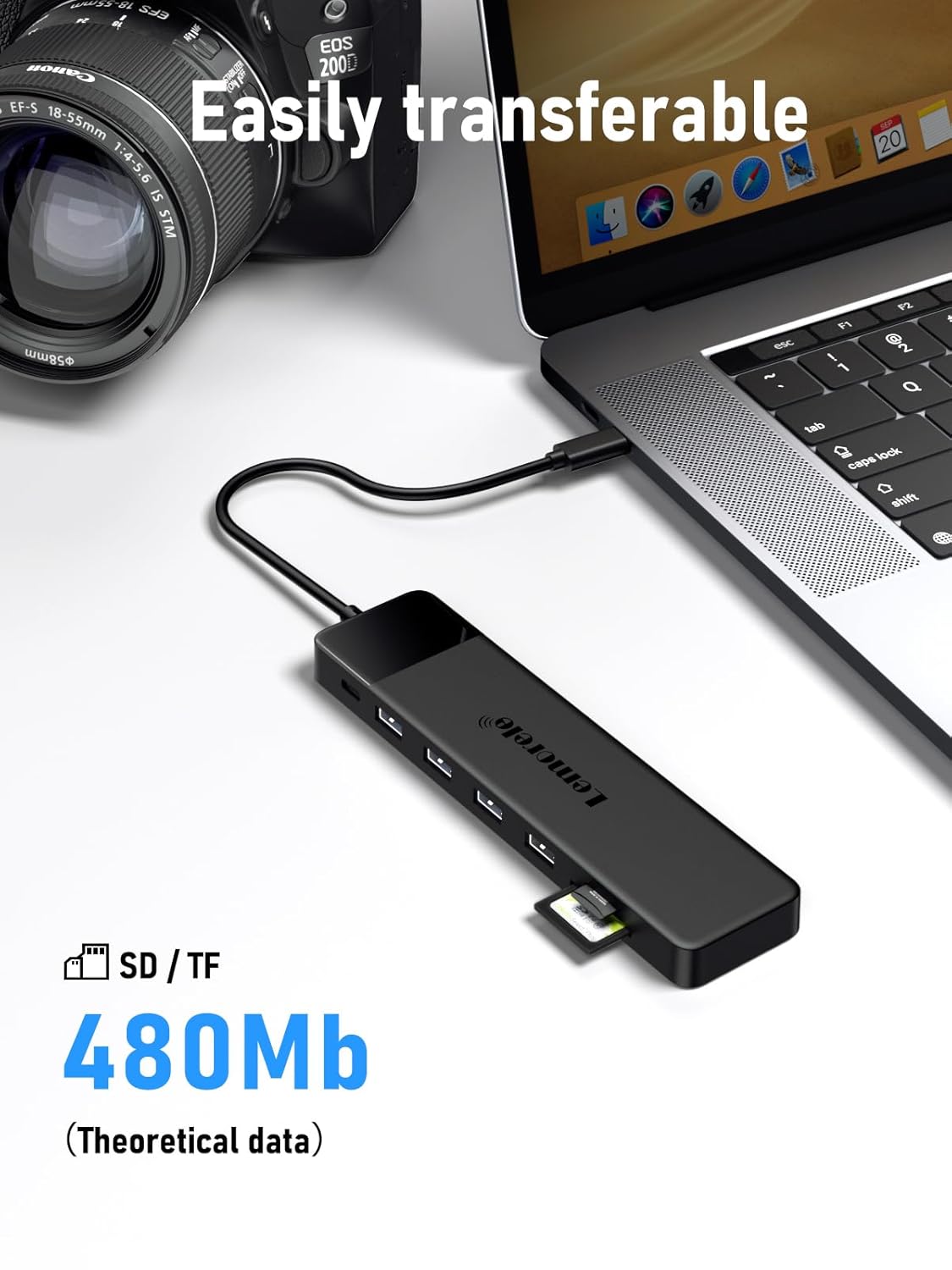 USB hub connected to a laptop with camera on a white background, highlighting transferability.