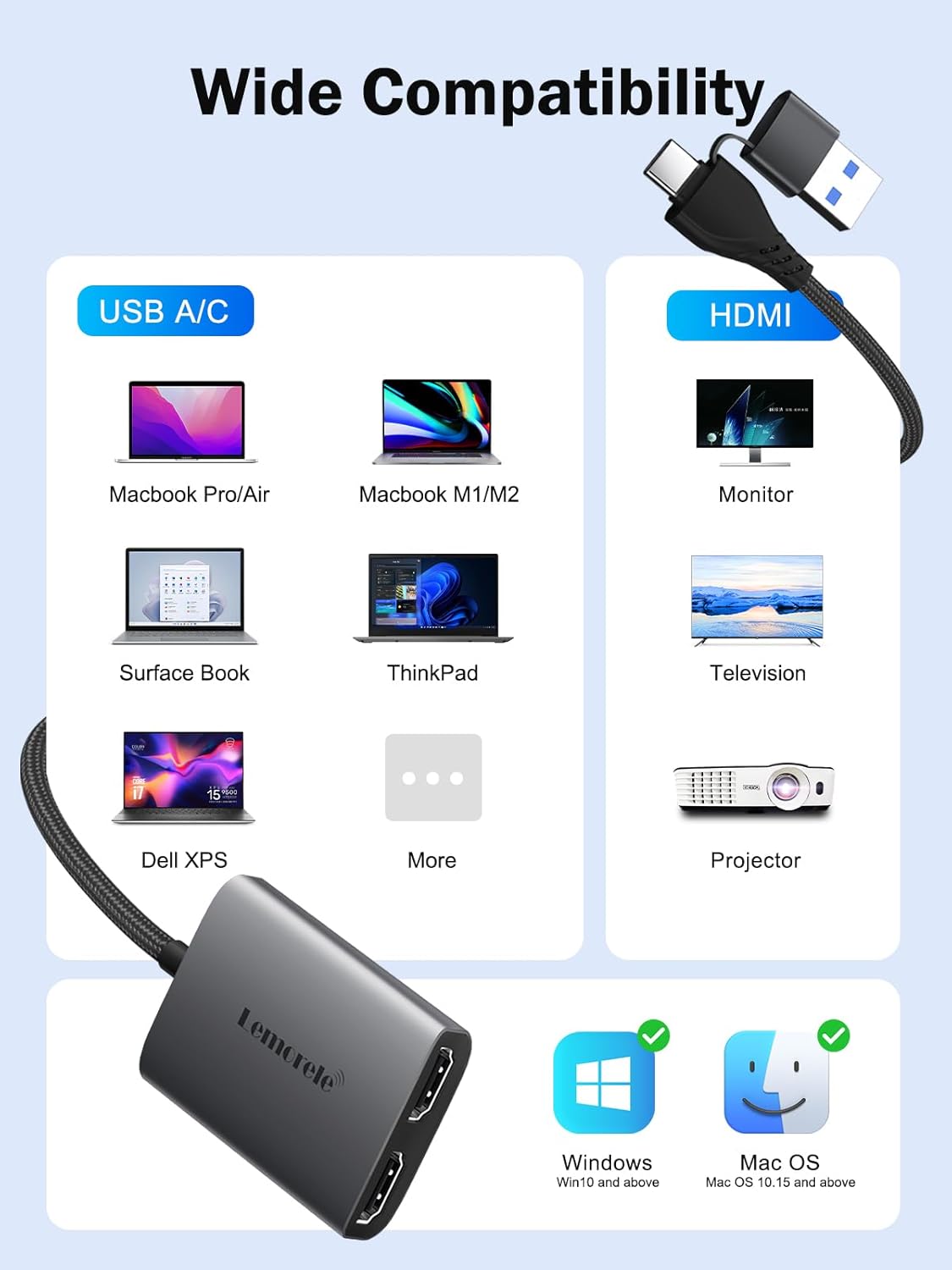 USB adapter with compatibility chart for various devices on a light blue background