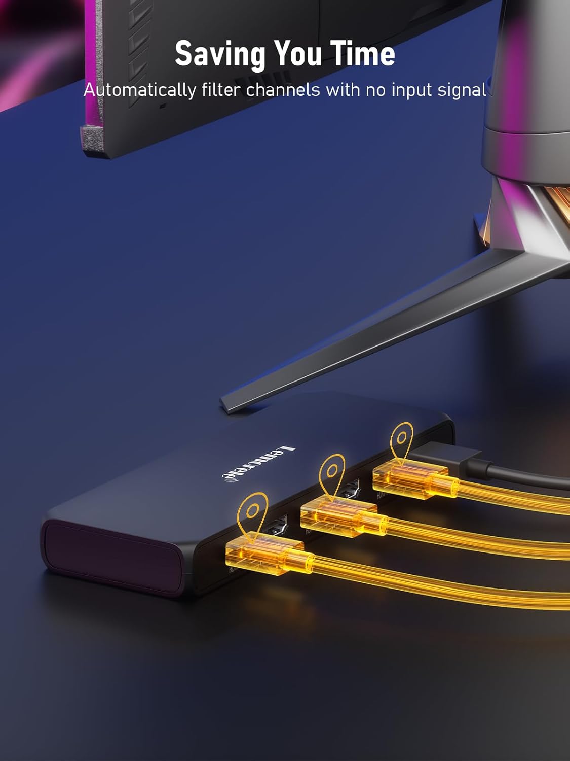 Electronic device with yellow connectors on a dark background, featuring text about signal filtering.