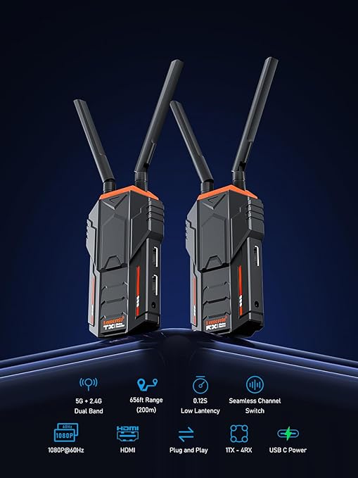 Two wireless communication devices with antennas on a dark background