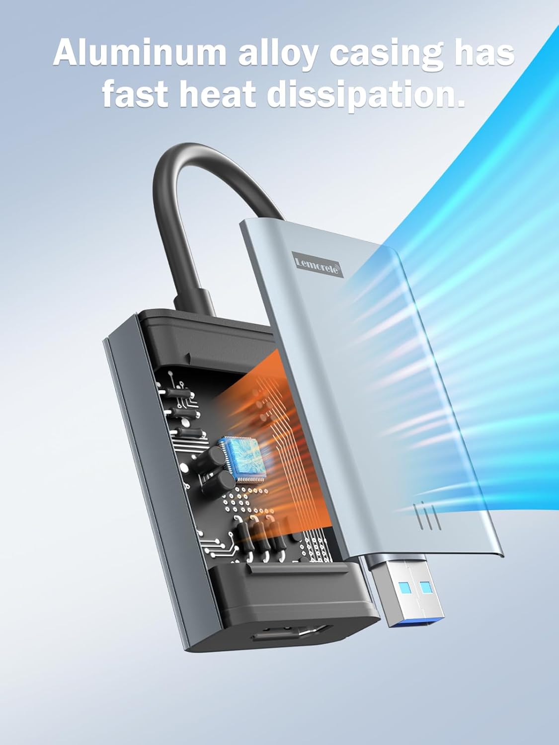 Computer hardware component with heat dissipation features on a light blue background