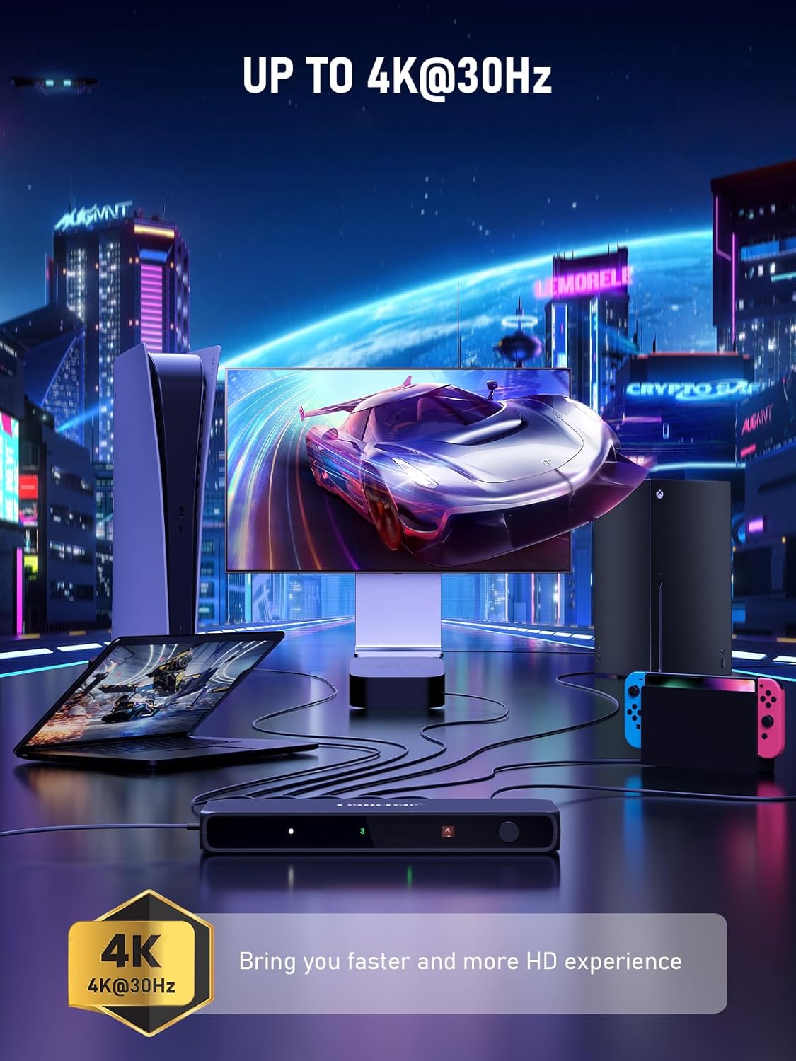 Gaming setup with monitor, router, and gaming console in a cityscape background