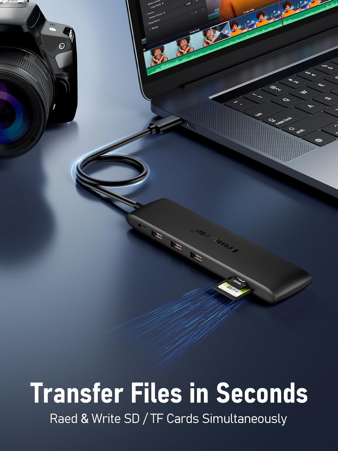 USB hub connected to a laptop and camera with text 'Transfer Files in Seconds' on a dark surface.