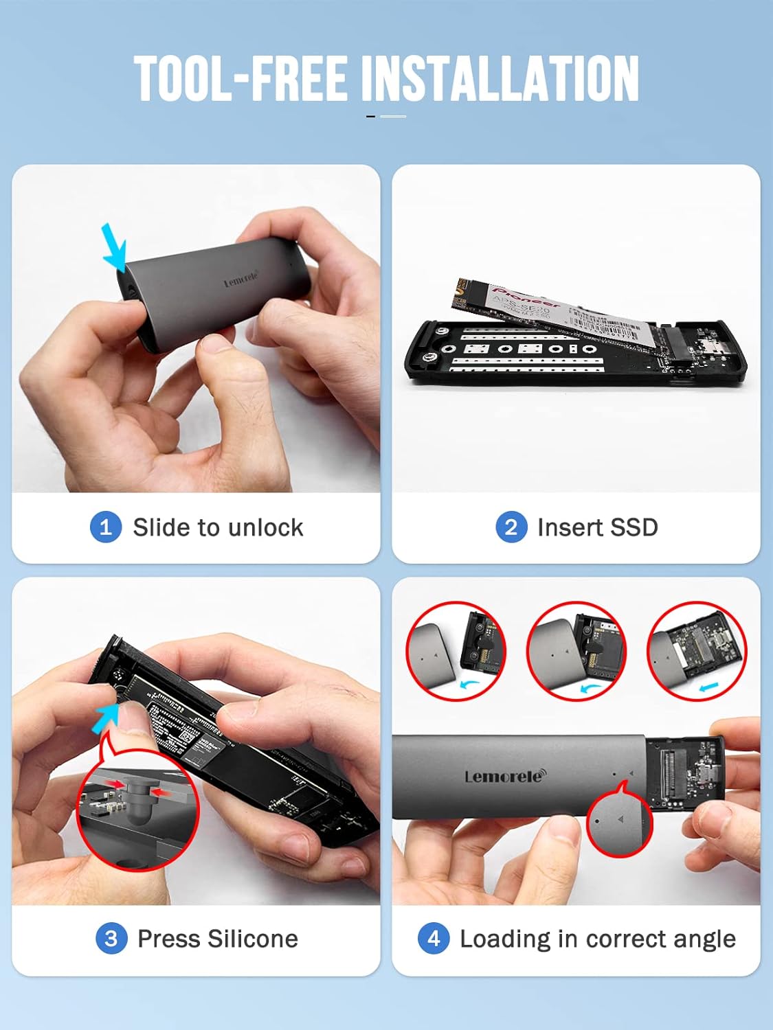Step-by-step guide for tool-free SSD installation with hands and product on a blue background.